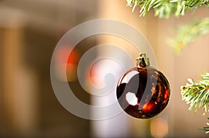 Glossy Red ball ornament on Christmas tree