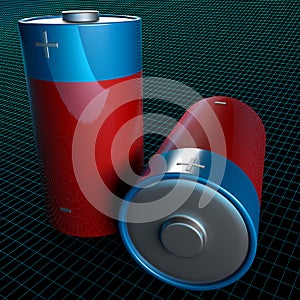 Glossy red and blue batteries over a blue grid on black background - 3D rendering illustration