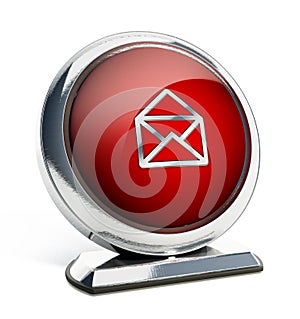 Glossy red button with open enveloppe symbol. 3D illustration