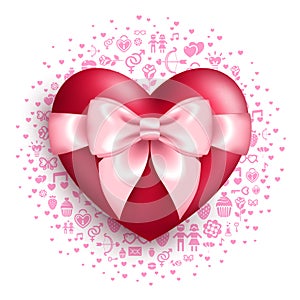 Glossy red heart with pink bow with love symbols