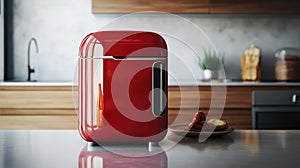 A glossy red mini fridge designed for storing beverages and snacks