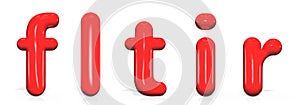 Glossy red paint letter F, L, T, I, R lowercase of bubble isolated on white background, 3d rendering photo