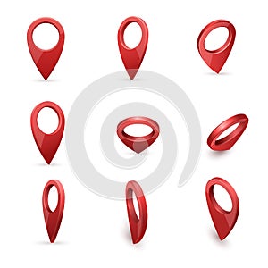 Glossy red realistic modern map pointers vector set in various angles