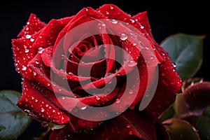 Glossy Red rose water droplets. Generate Ai