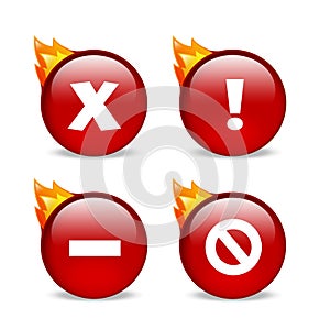 Glossy red website error icons with flames