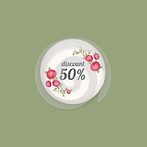 Glossy sale button or badge. Product promotions. Big sale, special offer, 50 off. Spring tag design, voucher template