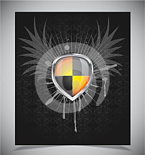 Glossy shield emblem on black background