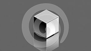 Shiny chrome metal cube on a reflective surface, geometric shape, 3D render