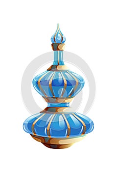 Glossy small blue phial decorated with gold full of liquid