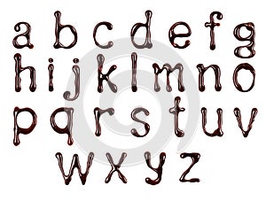 Glossy small letters of the Latin alphabet made of melted chocolate isolated on a white background