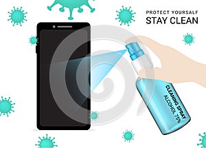 Glossy Spray Transparent Bottle with hygienic sanitizer Alcohol and Mobile Phone For Corona Virus Protection Advertising. New