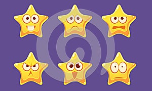 Glossy Star Characters Set, Bright Star with Different Emotions Vector Illustration