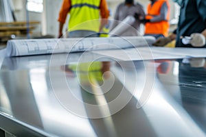 glossy steel desk, laborers with blueprints in soft focus behind