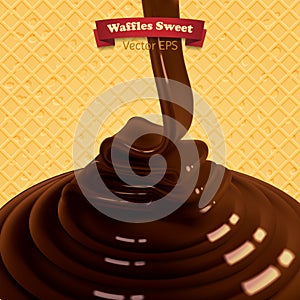 Glossy stream of chocolate on a waffle background. High detailed realistic illustration