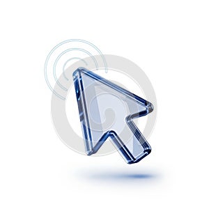 Glossy translucent computer mouse cursor pointer with a subtle click effect isolated on white background