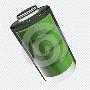 Glossy transparent battery symbol. Full power status concept design. Battery 3d icon. Energy glass storage. 3d render illustration