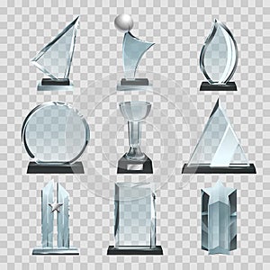 Glossy transparent trophies, awards and winner cups. Vector illustrations