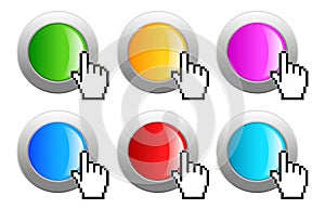 Glossy web buttons set, glass and metal click buttons with cursor