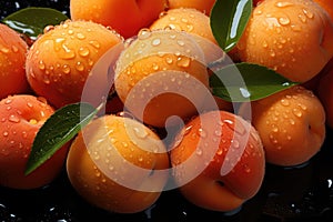 Glossy wet apricots bunched together with glistening drops, surrounded by lush green foliage in a dark background