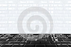 Glossy White Ceramic brick tile wall and black tile floor
