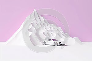A glossy white racing car powering up a long and winding mountain pass. Speed drive concept. AI generation