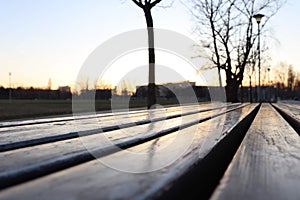 Glossy wood bench blur beck