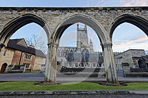 Gloucester Cathedral outer arched wall. Religion winter