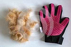 Glove for combing wool and tangles in cats next to a pile of wool.