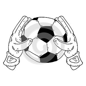 Glove goalkeeper icon. Vector illustration of goalkeeper glove with ball. Hand drawn goalkeeper glove with a soccer ball