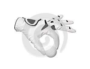Glove and golf ball on white