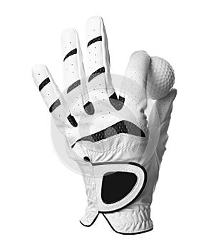 Glove and golf ball on white