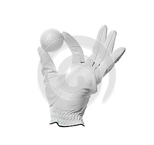 Glove and golf ball on white