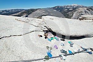 Glove pile at the base of the Half Dome cables in Yosemite National Park in California USA