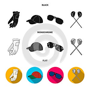 A glove for playing golf with a ball, a red cap, sunglasses, two clubs. Golf Club set collection icons in black, flat