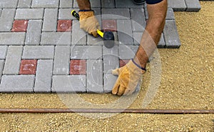 A gloved craftsman lays paving stones in layers. Brick paving slabs for professional use. Laying gray concrete paving slabs in the