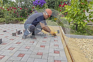 A gloved craftsman lays paving stones in layers. Brick paving slabs for professional use. Laying gray concrete paving slabs in the