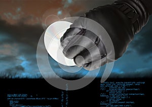 Gloved hand holding a CD in front of cloudy background