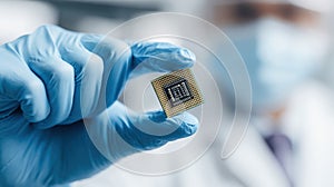 gloved hand holding computer chip