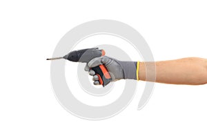 Gloved hand holding an electric screwdriver