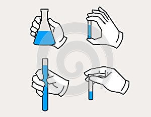 Gloved hand holding flask and test tube icons