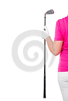 gloved hand holding a golf club and the space left on a white