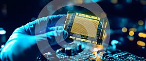 Gloved Hand Holding Microchip, Semiconductor Technology in High-Tech Manufacturing, Circuit Board