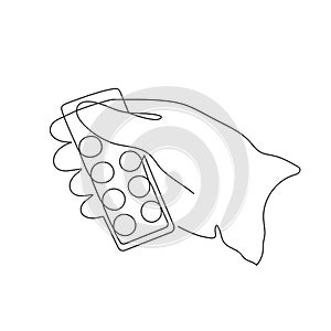 Gloved hand holding pills, one line art, continuous drawing contour.Treatment,health care.Medical concept, drug dose.Editable