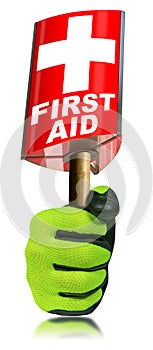 Gloved Hand Holding a Red and White First Aid Sign