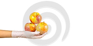 Gloved hand holding Royal Gala apples. Three yellow with red fruits. Concept of harvest season, safe shopping or home delivery