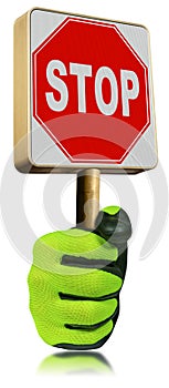 Gloved Hand Holding a Stop Road Sign Isolated on White Background