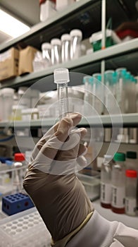 Gloved Hand Holding Test Tube in Laboratory