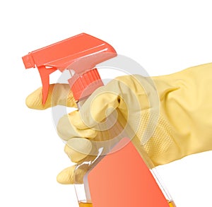 Gloved Hand Holding Trigger Spray Bottle