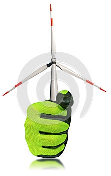 Gloved Hand Holding a Wind Turbine Isolated on White Background
