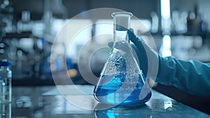 The beaker with blue solution. AI generated